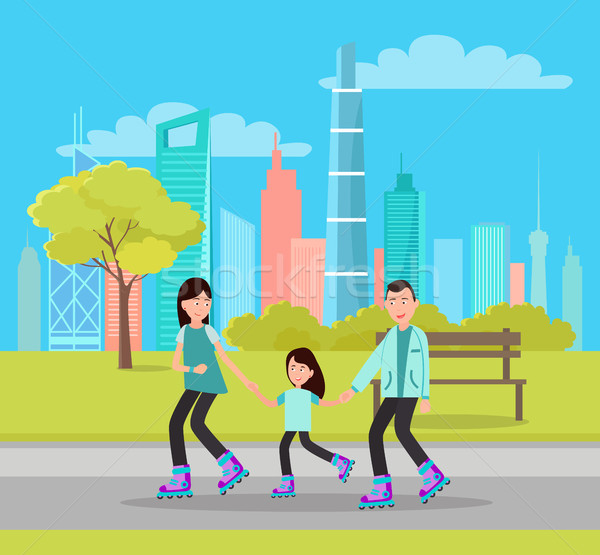 Happy Family Roller Skating City Park Skyscrapers Stock photo © robuart
