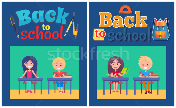 Vissza az iskolába szett plakátok fiú lány ül Stock fotó © robuart