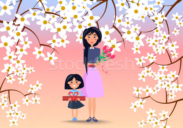 Stok fotoğraf: Anne · küçük · kız · çiçekler · hediye · genç