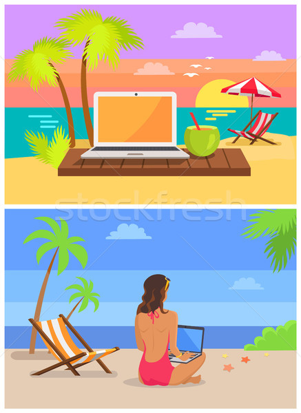 Freelancer with Laptop Set Vector Illustration Stock photo © robuart