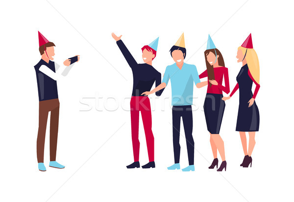 Stock photo: Man Taking Photo of Friends Vector Illustration