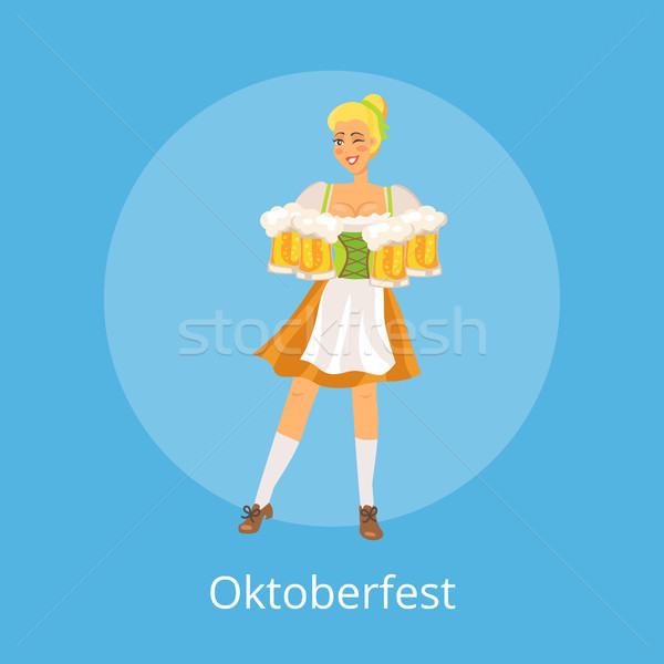 Stock photo: Oktoberfest Poster with Smiling German Waitress