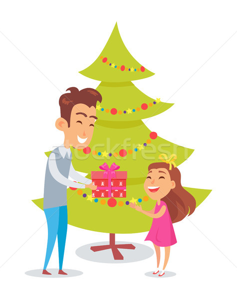 Foto d'archivio: Padre · figlia · Natale · vacanze · decorato · albero