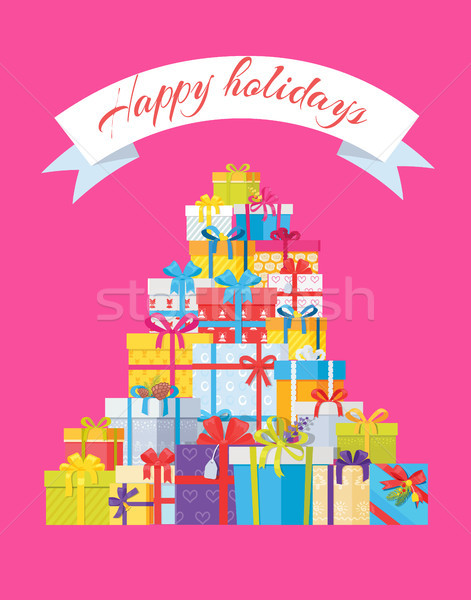 Happy Holidays Postcard with Mountain of Gift Boxes Stock photo © robuart