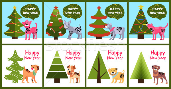 Stok fotoğraf: Happy · new · year · posterler · ayarlamak · Noel · ağaçlar · yavru