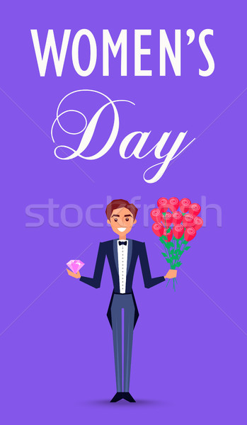 Happy Man in Suit Holds Precious Stone and Flowers Stock photo © robuart