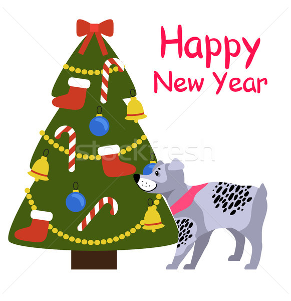 Happy New Year Banner with Grey Dog near Xmas Tree Stock photo © robuart