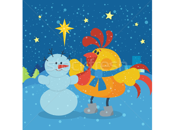 Rooster Sculpts Snowman at Christmas Eve Night Stock photo © robuart