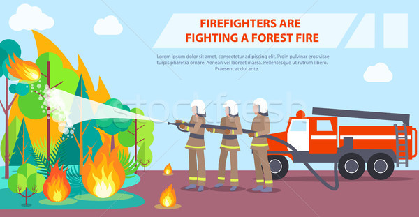Stock fotó: Poszter · tűzoltók · harcol · erdőtűz · felirat · bátor