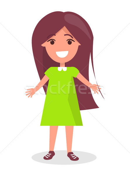 Zâmbitor bruneta fată parul lung rochie verde Imagine de stoc © robuart
