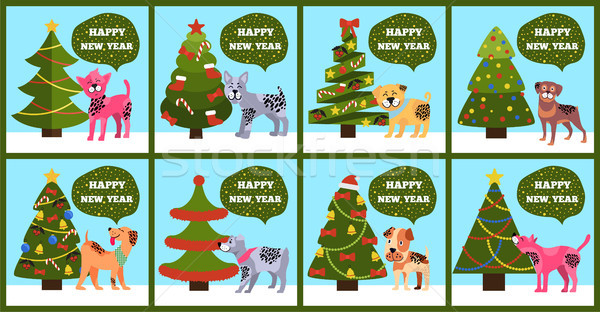 Greeting Cards on Green Merry wish Puppy Tree Set Stock photo © robuart