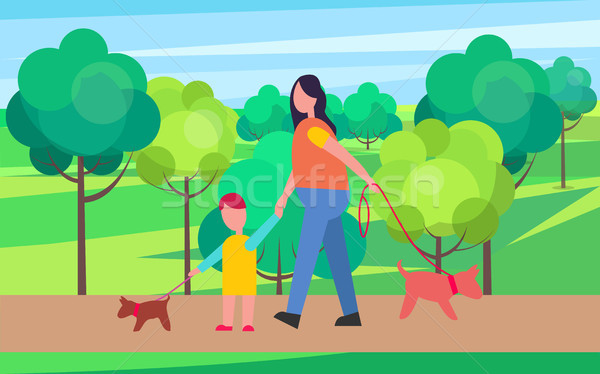 Stock photo: Mother and Son Walking Little Dogs Illustration