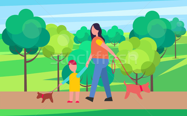 Mother and Son Walking Little Dogs Illustration Stock photo © robuart