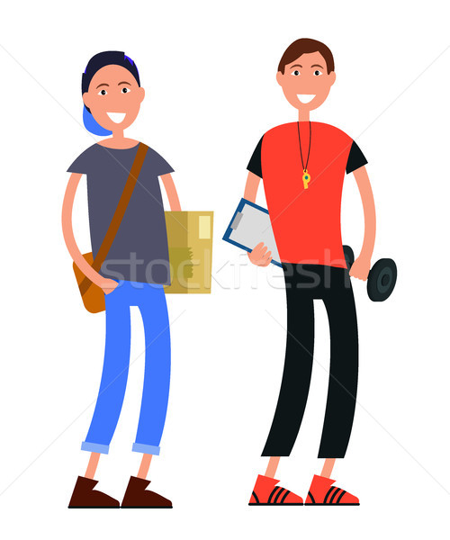 Cartoon Courier with Box and Coach with Barbell Stock photo © robuart