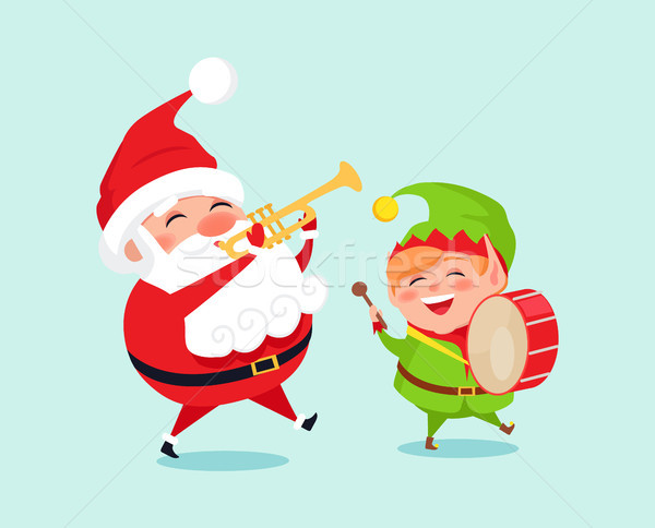 Santa Playing on Trumpet, Green Elf with Drum Stock photo © robuart