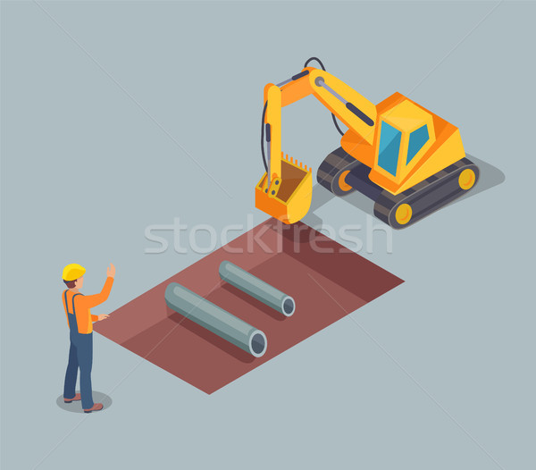 Spychacz pracownika kask żółty plakat Zdjęcia stock © robuart
