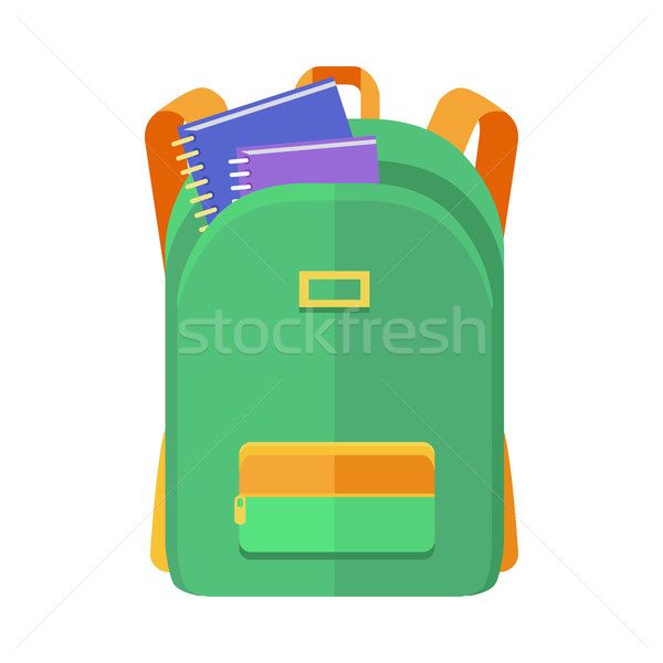 Stock photo: Green Backpack Schoolbag Icon with Notebooks