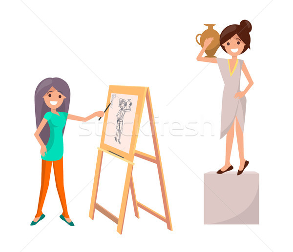 Girl Drawing Still Life Picture of Woman with Vase Stock photo © robuart