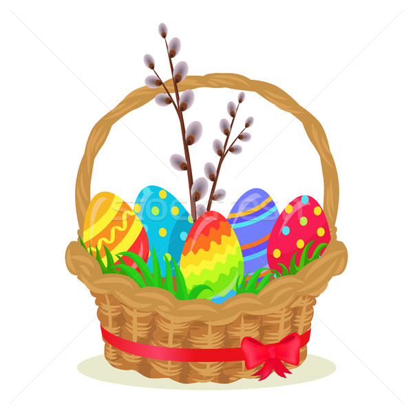 Colorful Eggs, Brench of Willow in Wicker Basket Stock photo © robuart