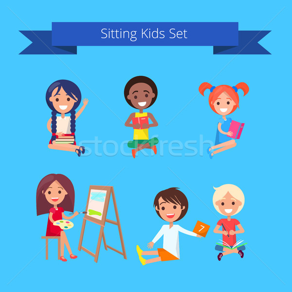 Sitting Kids Set Illustration on Light Blue Stock photo © robuart