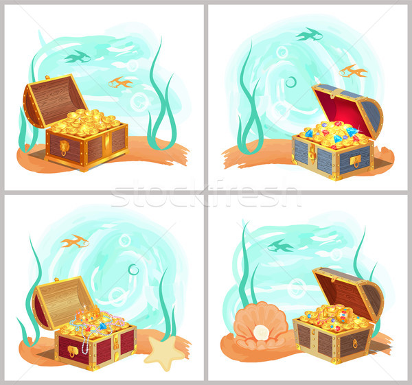 Mermaids Treasures in Chest at Bottom of Sea Set Stock photo © robuart