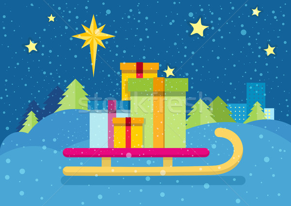 Christmas Presents on Sledge. Snowy Background Stock photo © robuart