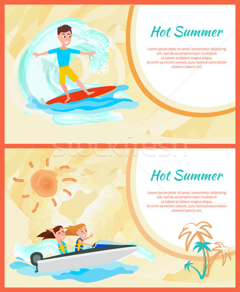 Forró nyár kártyák szett szörfös lányok Stock fotó © robuart