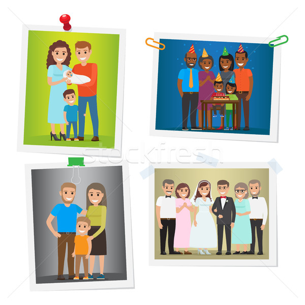 Stock photo: Happy Family Pinned Portraits Flat Vectors Set