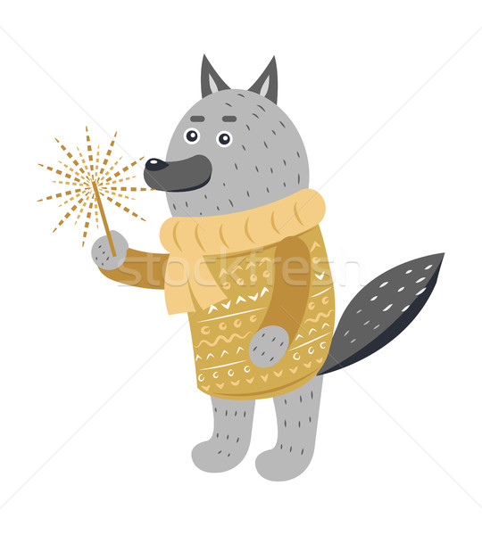 Grey Wolf in Warm Yellow Sweater with Sparkler Stock photo © robuart