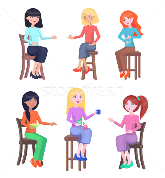 Young Women Seating on Chairs Flat Vector Set Stock photo © robuart