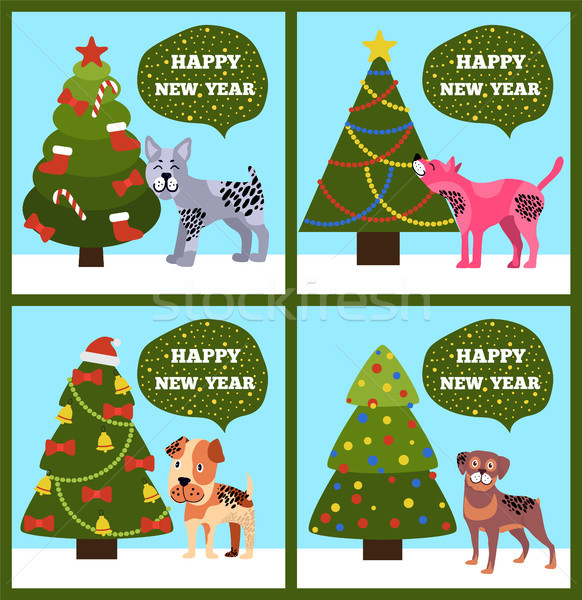 Happy New Year Banners with Dotted Puppy Tree Set Stock photo © robuart