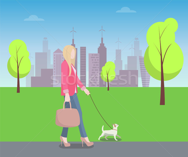 Stock photo: Woman Walking with Pat in Park, Colorful Poster