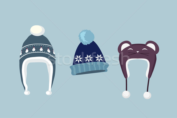 Foto stock: Establecer · invierno · sombrero · icono · de · punto · CAP
