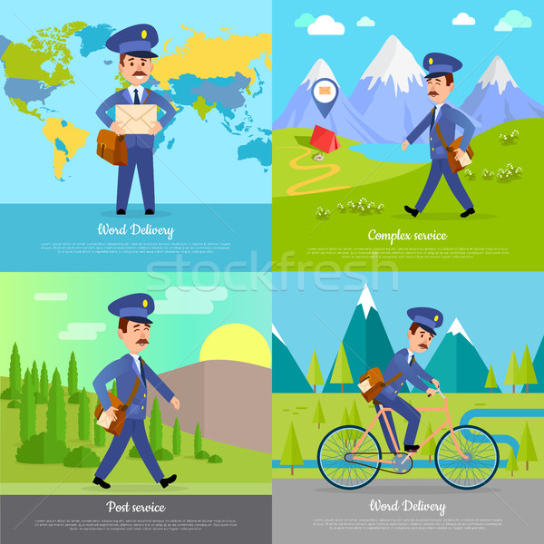 World Delivery Banner Postman. Mailman on Bicycle Stock photo © robuart