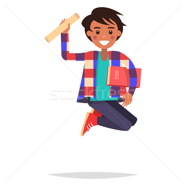 Jumping Indian Boy Student with Book and Bundle Stock photo © robuart