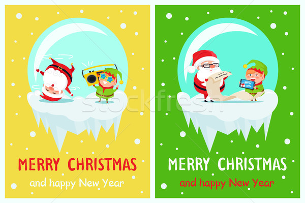 Happy New Year Merry Xmas Postcard Santa and Elf Stock photo © robuart