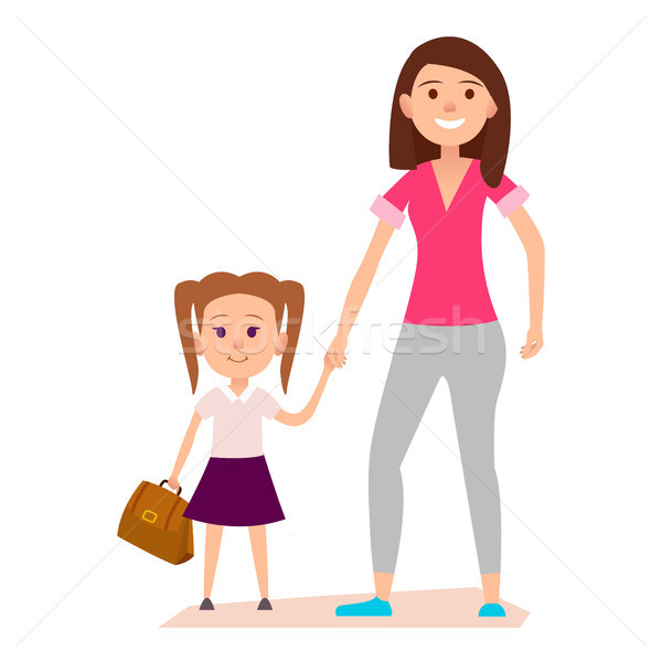 Little Girl with Brown Schoolbag Keeps Mom's Hand Stock photo © robuart