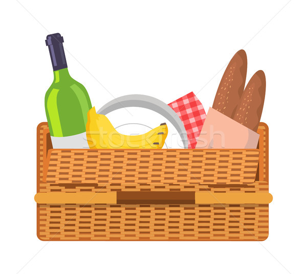 Piknik sepeti gıda ayarlamak cam şişe şarap Stok fotoğraf © robuart