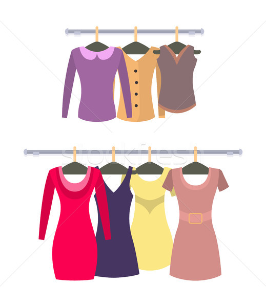 Female Stylish Tops and Dresses Hang on Racks Set Stock photo © robuart