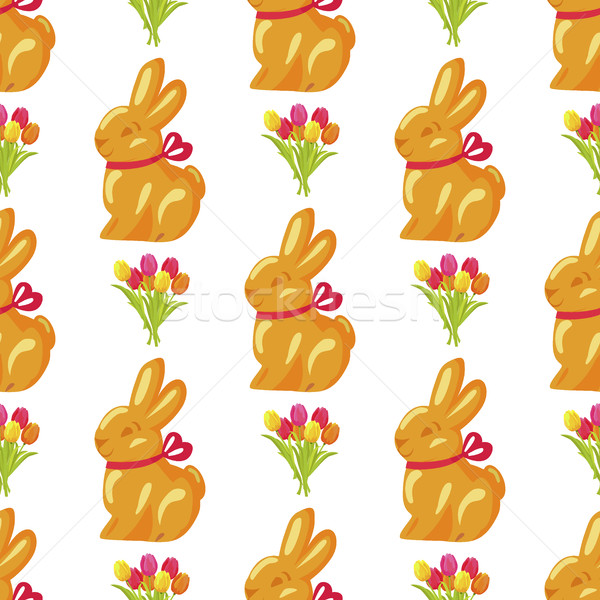 Seamless Pattern with Chocolate Bunny and Tulips Stock photo © robuart