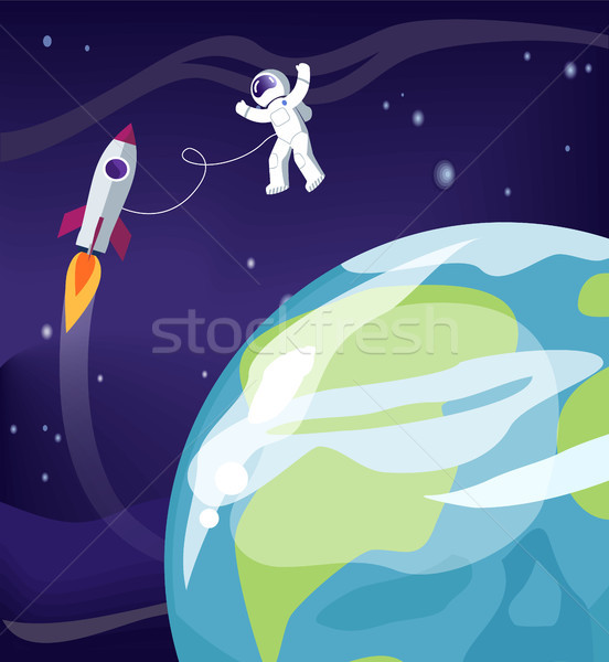 Astronaut and Earth with Ship Vector Illustration Stock photo © robuart