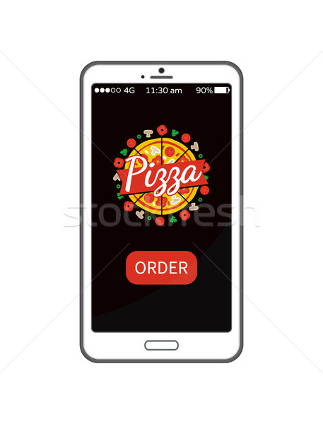 Stockfoto: Pizza · om · smartphone · app · toepassing · voedsel