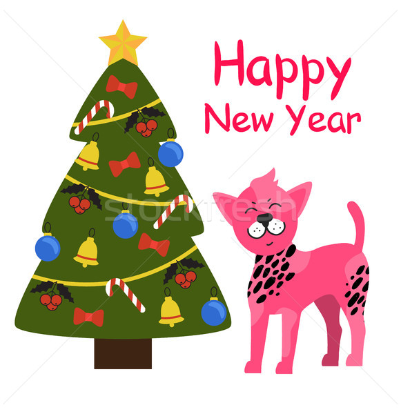 Stock photo: Happy New Year Greeting Card Cartoon Pink Spot Dog