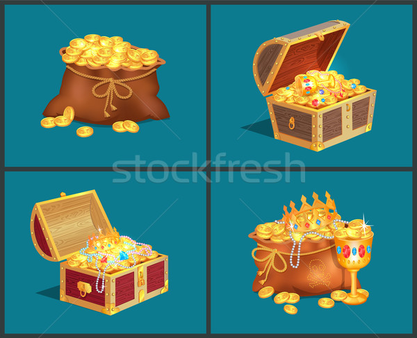 Stock photo: Old Bags and Wooden Chests Full of Treasures Set