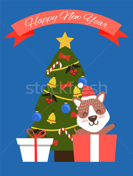 Happy New Year Tree and Dog Vector Illustration Stock photo © robuart