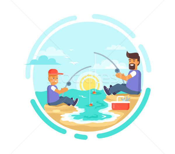 Fishing Day Poster Father and Son Catching Fish Stock photo © robuart