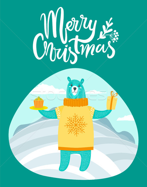 Merry Christmas Card with Bear on Winter Landscape Stock photo © robuart