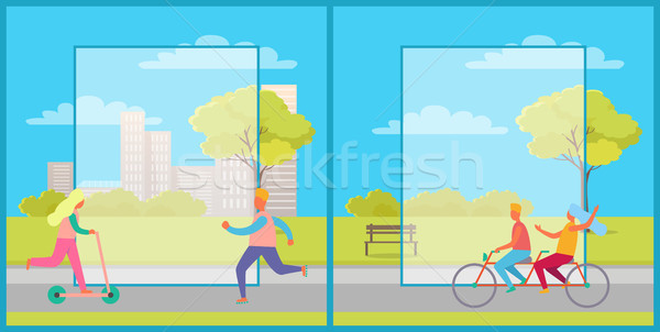 Set of Posters with People Having Fun in City Park Stock photo © robuart