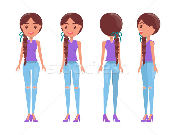 Braided brunette girl in t-shirt and ripped jeans. Stock photo © robuart