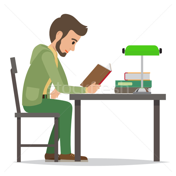 Student Reading Textbook in Library Flat Vector  Stock photo © robuart